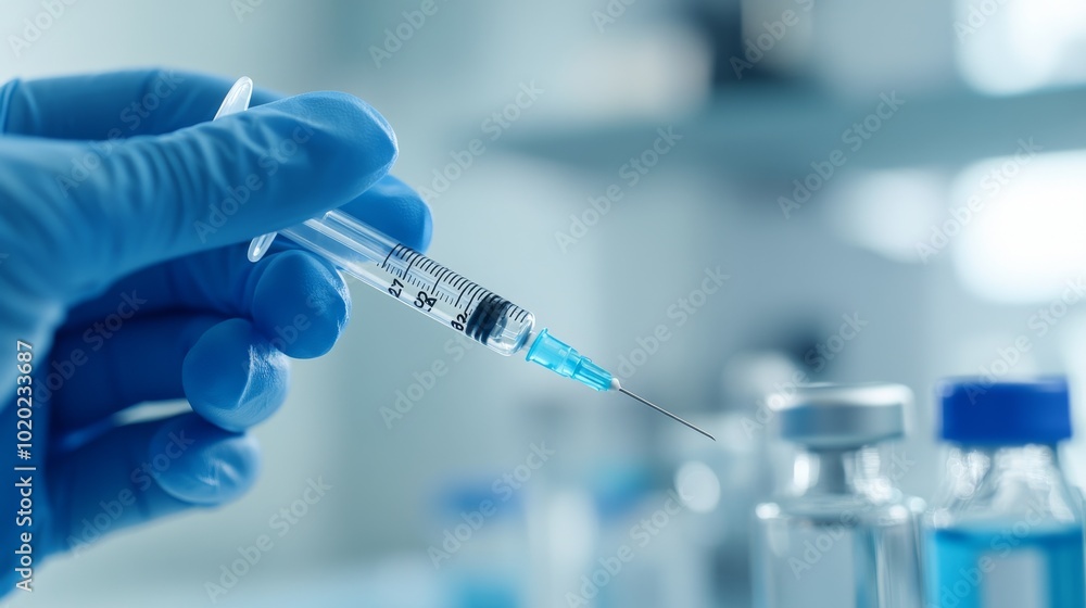2410_064.a close-up of medical tools in action, blue-gloved hands holding a syringe and vaccine vial, clean and bright laboratory setting in the background, soft focus on the sterile medical 2410_064.a close-up of medical tools in action, blue-gloved hands holding a syringe and vaccine vial, clean and bright laboratory setting in the background, soft focus on the sterile medical