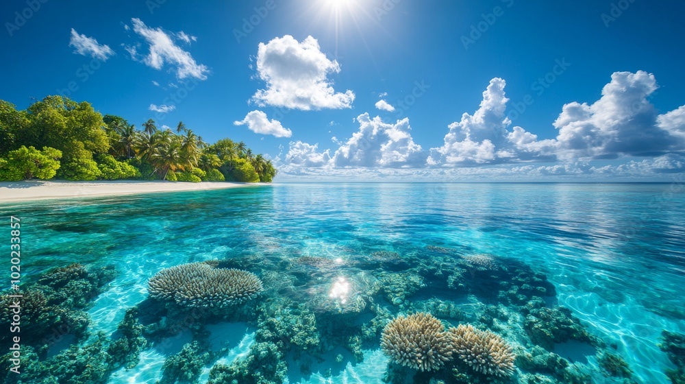 Tropical Island Beach with Crystal Clear Water and Coral Reefs Tropical Island Beach with Crystal Clear Water and Coral Reefs