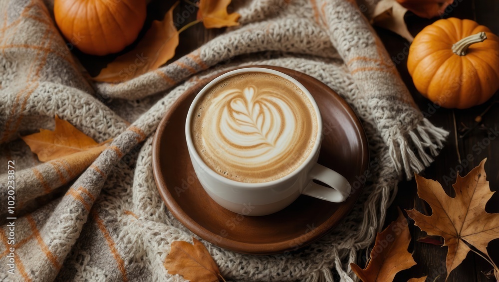 Handcrafted latte art on coffee cup with plaid blanket and fall leaves in autumn Handcrafted latte art on coffee cup with plaid blanket and fall leaves in autumn