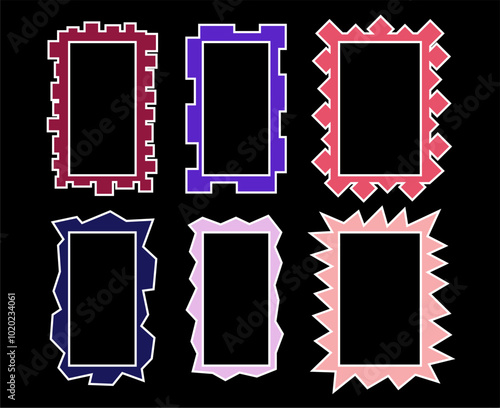 Color squiggle frames set. Zigzag wavy edges, retro frames, psychedelic rectangles, photo frames, mirror border. Vector groovy shapes set of wave borders. Isolated on black.