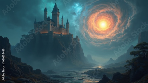 Generative, AI, a large, fantastical castle with multiple tall spires and towers, situated on a rocky, mist-covered landscape. The castle is illuminated by warm lights,, darkness