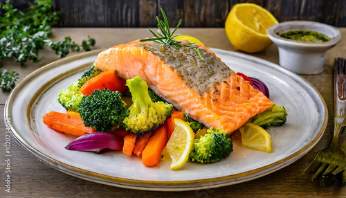 A delicious plate of grilled salmon served with colorful mixed vegetables and fresh lemon, perfect for healthy meals.