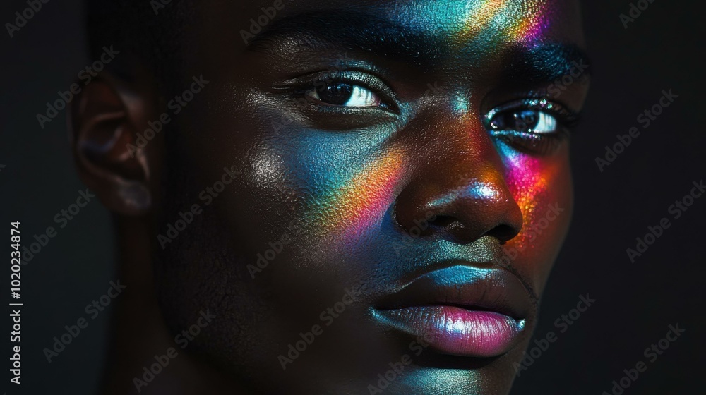 Close Up Portrait of a Man with Iridescent Light on Face Close Up Portrait of a Man with Iridescent Light on Face