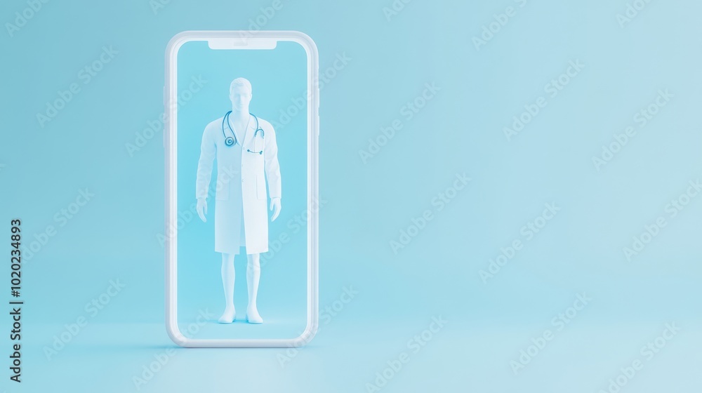 2410_078.a clean and modern visual concept showcasing a doctor with a stethoscope stepping out of a smartphone screen, blending the real and digital worlds the light blue gradient background enhances 2410_078.a clean and modern visual concept showcasing a doctor with a stethoscope stepping out of a smartphone screen, blending the real and digital worlds the light blue gradient background enhances