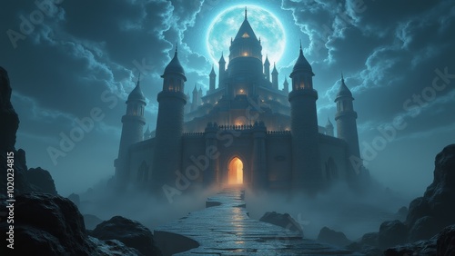 Generative, AI, a large, fantastical castle with multiple tall spires and towers, situated on a rocky, mist-covered landscape. The castle is illuminated by warm lights,  darkness