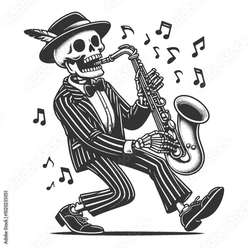 skeleton playing jazz on saxophone, musical notes floating around. Fun, quirky, and musical theme sketch engraving generative ai vector illustration. Scratch board imitation. Black and white image.