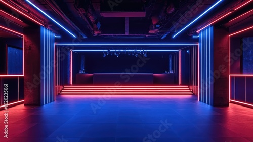 Modern club stage with neon blue and red lights, featuring sleek lines and plenty of copy space for design.