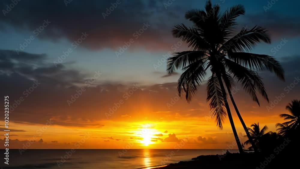 A breathtaking sunset over the ocean, framed by silhouetted palm trees, creating a tranquil and vibrant atmosphere A breathtaking sunset over the ocean, framed by silhouetted palm trees, creating a tranquil and vibrant atmosphere