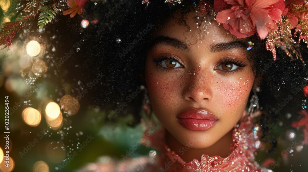 Close-up Portrait of a Woman with Freckles and Glitter Makeup Close-up Portrait of a Woman with Freckles and Glitter Makeup
