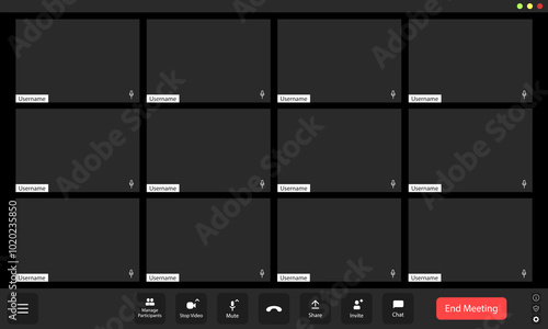 Virtual meeting room with empty participant slots and tools for communication and collaboration