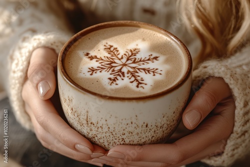 woman hands holding cup of coffee with crema. shape of snowflake made of cinnamon photo