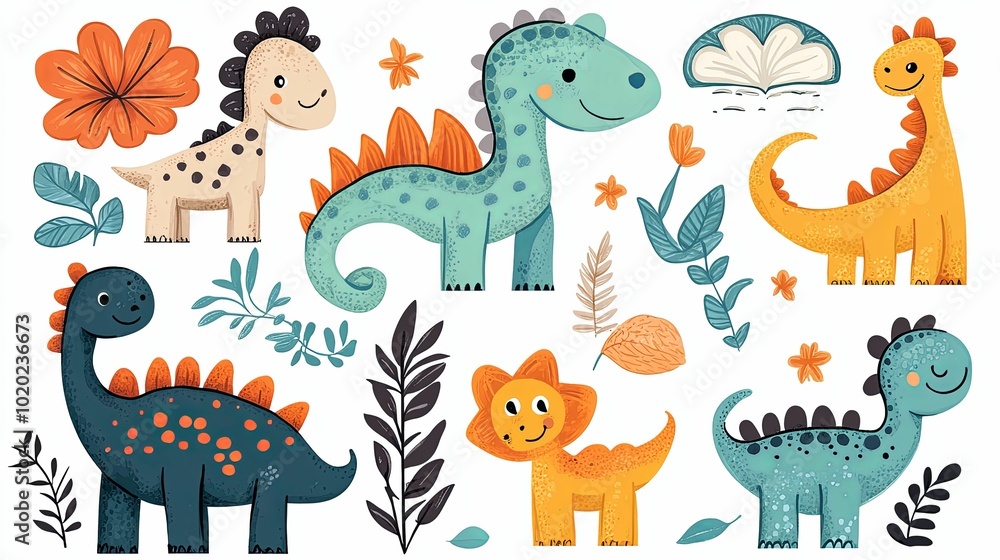 Fototapeta premium Colorful Cartoon Dinosaurs with Floral Elements
