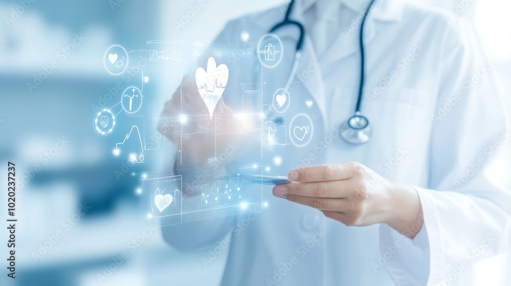 2410_104.a doctor holding a stethoscope, tapping a virtual screen with various health icons like physical examination, heart care, and illness prevention represents healthcare and welfare services,