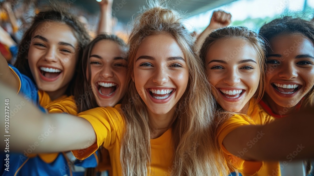 Group of cheerful friends celebrating at a sports event. Group of cheerful friends celebrating at a sports event.