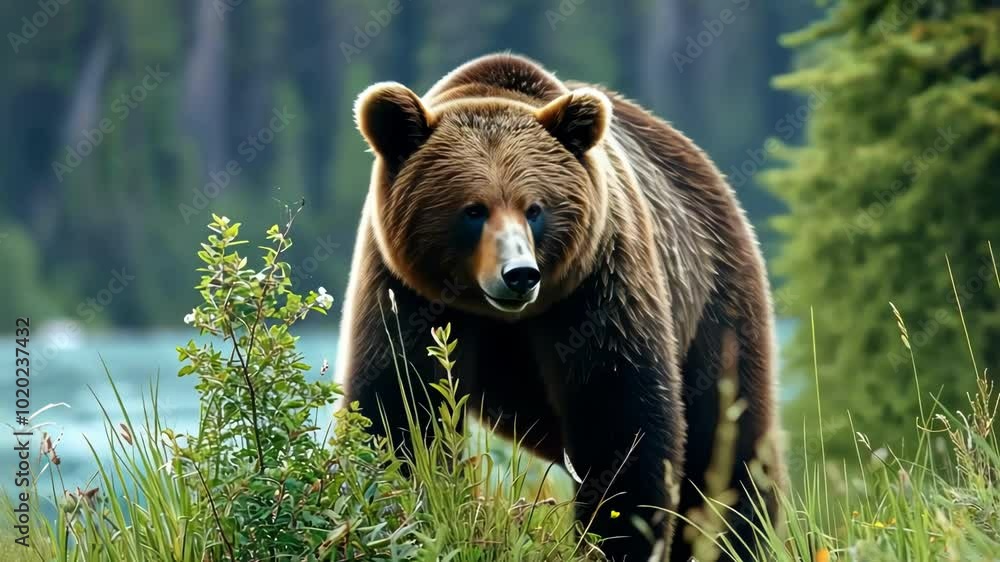 A serene frame of a bear foraging in a lush green forest, highlighting nature's beauty and wildlife's tranquility A serene frame of a bear foraging in a lush green forest, highlighting nature's beauty and wildlife's tranquility