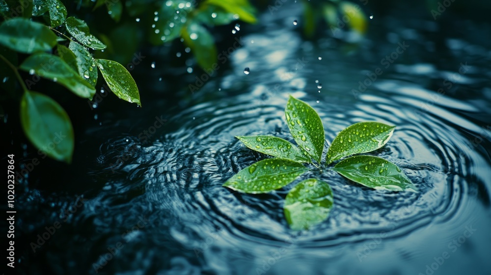 A single green leaf floats on the surface of a pond, surrounded by ripples and raindrops. A single green leaf floats on the surface of a pond, surrounded by ripples and raindrops.