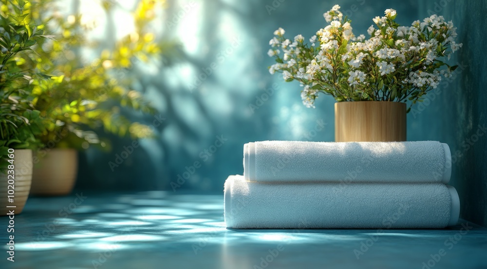 Obraz premium two folded white towels on blue background 