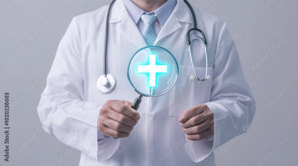 2410_119.medical professional in a white lab coat, stethoscope hanging, holding a magnifying glass with a glowing cross, symbolizing health insurance, focused healthcare services, simple grey 2410_119.medical professional in a white lab coat, stethoscope hanging, holding a magnifying glass with a glowing cross, symbolizing health insurance, focused healthcare services, simple grey