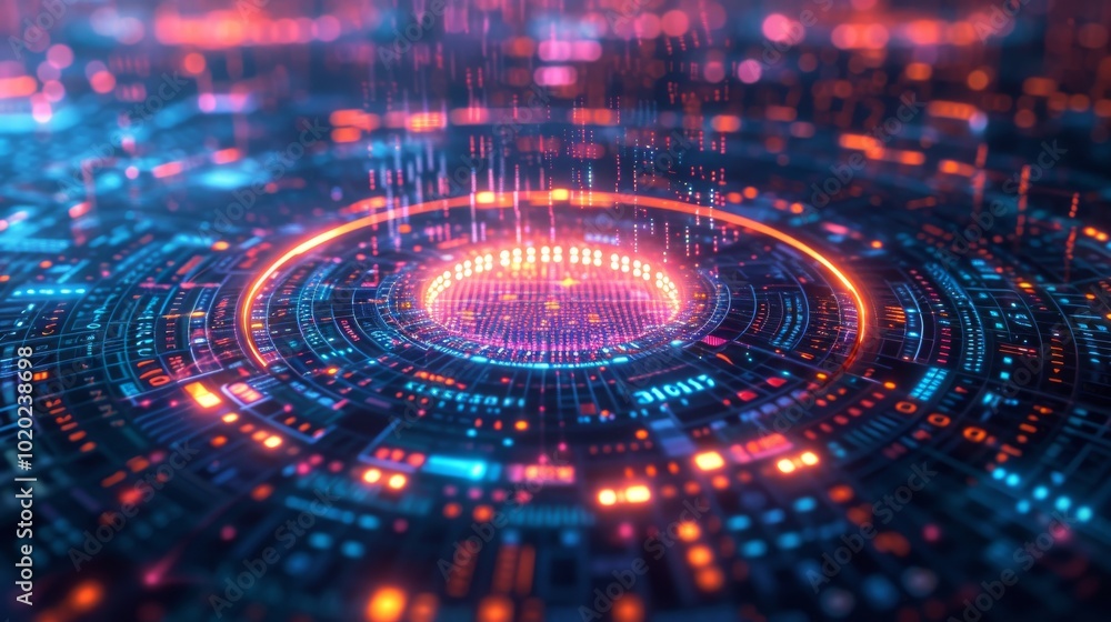Futuristic digital abstract background depicting vibrant data streams in circular patterns, showcasing intricate connections and glowing elements in vivid colors. Futuristic digital abstract background depicting vibrant data streams in circular patterns, showcasing intricate connections and glowing elements in vivid colors.