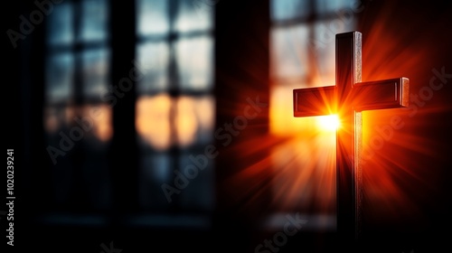 Cross silhouette with sunlight, dark background, serene atmosphere, spiritual symbol. photo