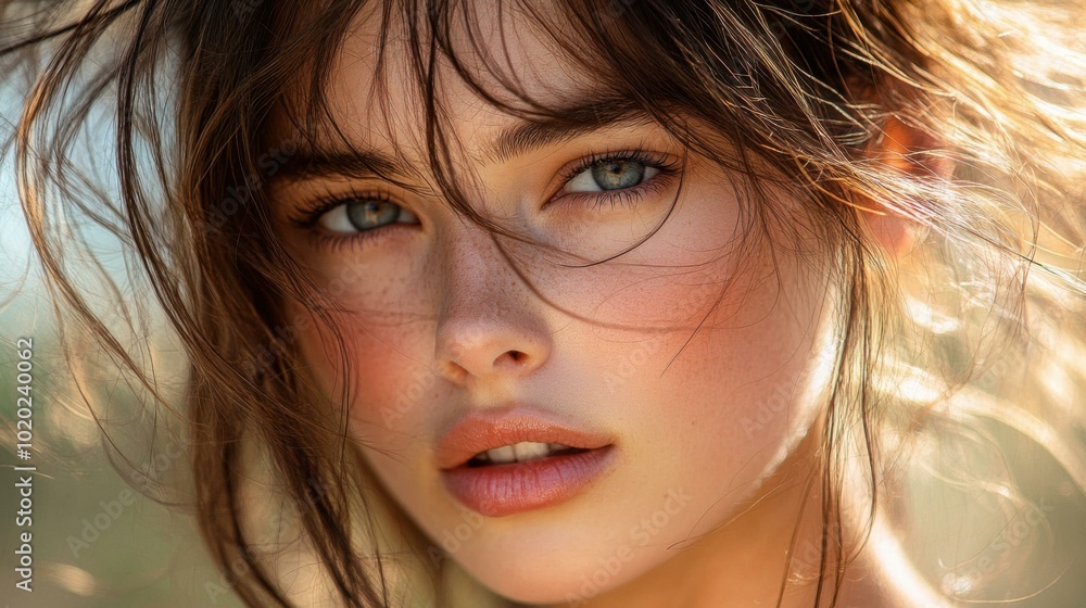 Close-Up Portrait of a Woman with Freckles and Sunlight on Her Face Close-Up Portrait of a Woman with Freckles and Sunlight on Her Face