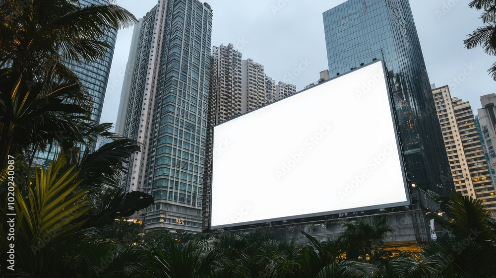 Obraz premium Outdoor billboard with a blank white screen, set in front of sleek, modern buildings with ample copy space.