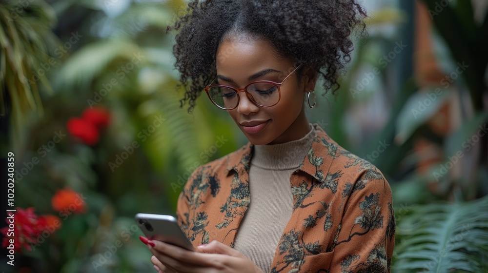A woman with curly hair is looking at her cell phone A woman with curly hair is looking at her cell phone