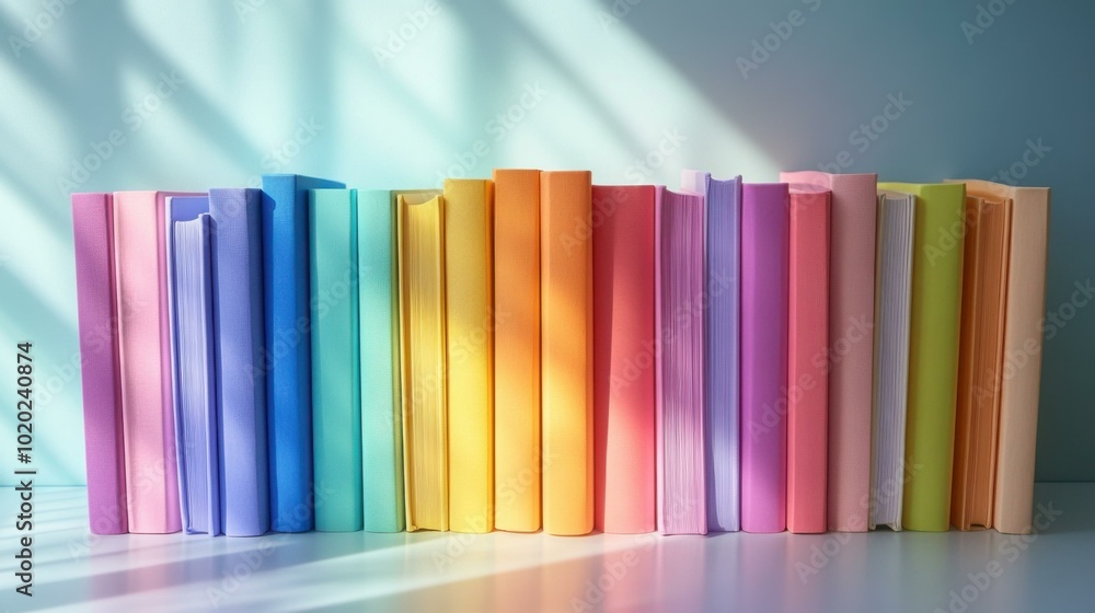 Colorful Books Arranged in a Rainbow Pattern on a Shelf Colorful Books Arranged in a Rainbow Pattern on a Shelf