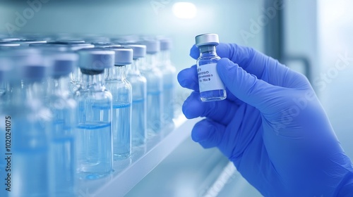 2410_143.a healthcare worker in blue gloves holding a vaccine vial between two fingers, soft focus on the row of similar vials in the background, cool blue tones throughout, sterile and professional