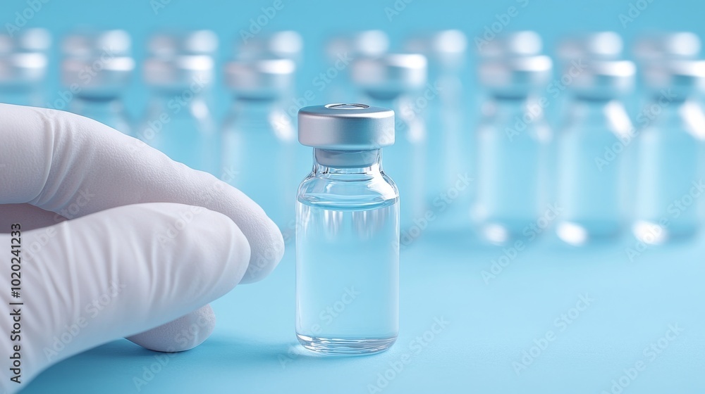 2410_144.vaccine vial held by a doctor’s gloved hand, clean blue background with a series of vials slightly out of focus, cold sterile lighting, reflection on the glass surface, scientific and 2410_144.vaccine vial held by a doctor’s gloved hand, clean blue background with a series of vials slightly out of focus, cold sterile lighting, reflection on the glass surface, scientific and