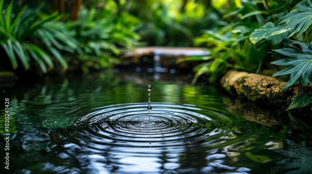 A single water drop creates ripples in a still pond surrounded by lush greenery. A single water drop creates ripples in a still pond surrounded by lush greenery.