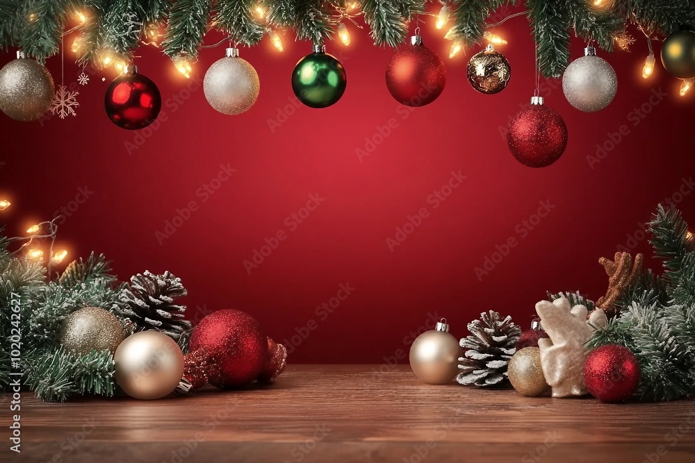 Charming Christmas arrangement with red background as copy space, framed with shiny lights and hanging baubles Charming Christmas arrangement with red background as copy space, framed with shiny lights and hanging baubles