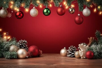 Charming Christmas arrangement with red background as copy space, framed with shiny lights and hanging baubles