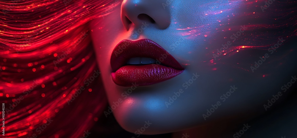 Close-up of a woman's lips with red lipstick and vibrant red and blue light streaks. Close-up of a woman's lips with red lipstick and vibrant red and blue light streaks.
