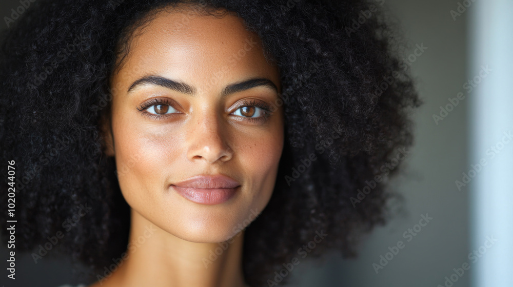 Natural beauty portrait of a woman with curly hair showcasing radiant skin in soft lighting Natural beauty portrait of a woman with curly hair showcasing radiant skin in soft lighting