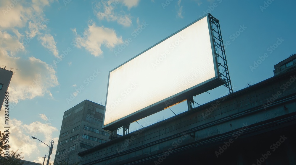 Tall billboard structure with a white screen, placed on a modern street with plenty of copy space for advertising. Tall billboard structure with a white screen, placed on a modern street with plenty of copy space for advertising.