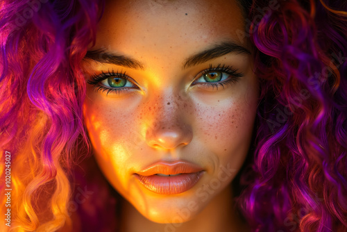 A woman with bright colored hair and freckles on her face