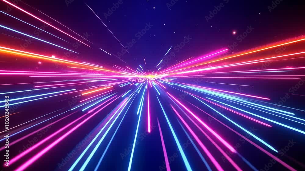 Pink, blue, and orange lights streak across a dark background, creating a sense of speed and movement