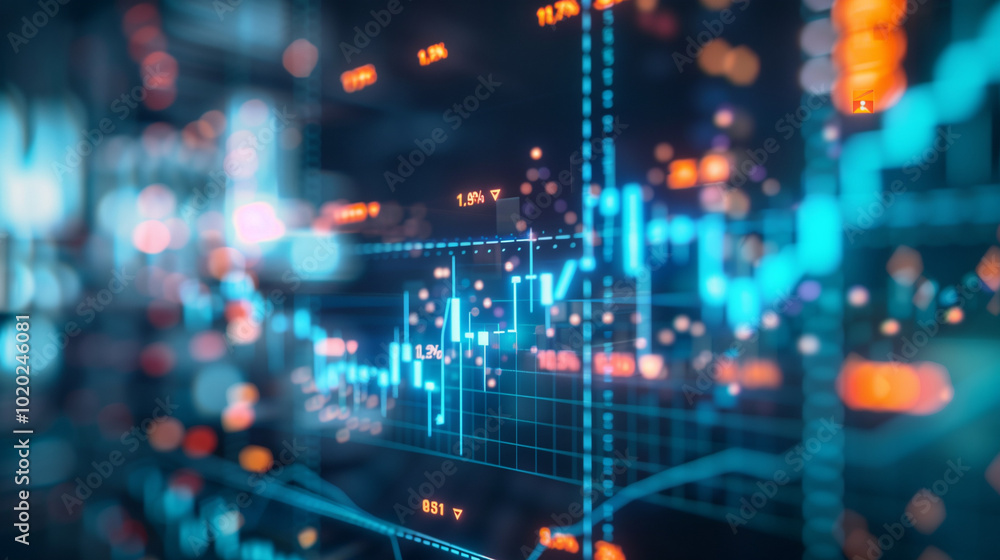 Close-up of digital screen showing downward-trending line graph, symbolizing rate cut in financial markets, economic adjustment concept. Close-up of digital screen showing downward-trending line graph, symbolizing rate cut in financial markets, economic adjustment concept.