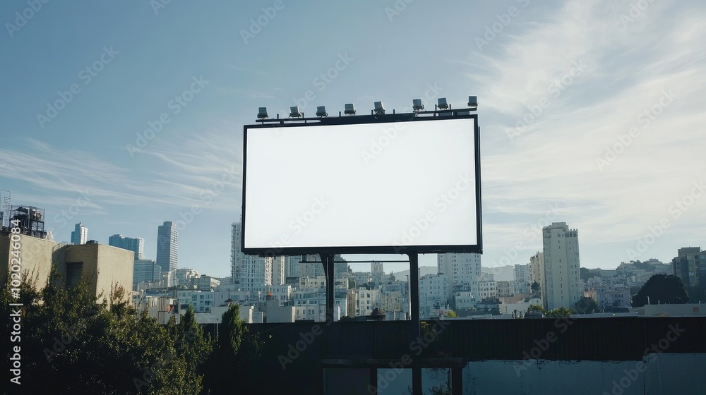 Obraz premium Urban billboard featuring a white screen, standing tall against a city backdrop, and plenty of copy space for ads.