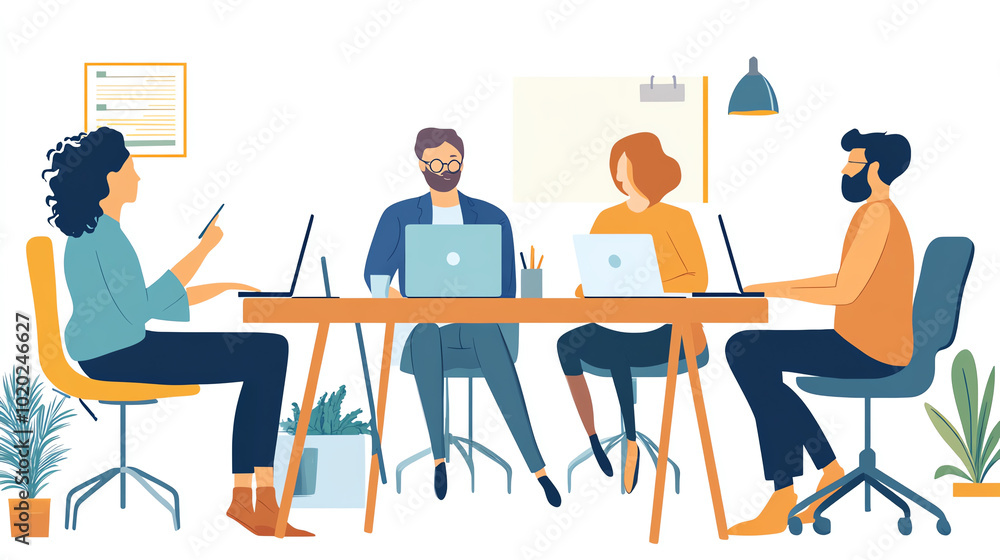 A group of business professionals in a virtual meeting, working remotely due to the spread of a contagious disease A group of business professionals in a virtual meeting, working remotely due to the spread of a contagious disease