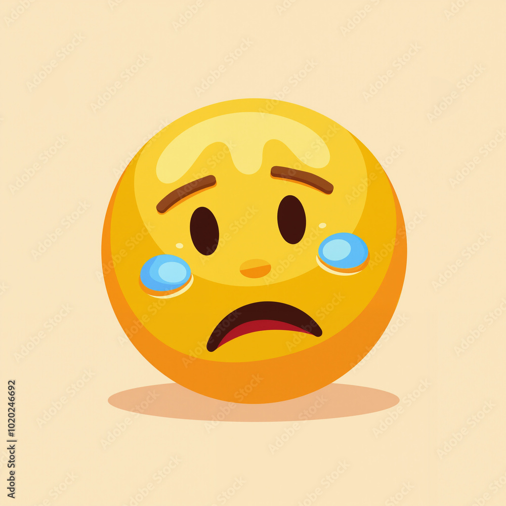 Fototapeta premium A simple, flat-style cartoon emoji depicting a yellow face with furrowed brows, downturned mouth, and tears flowing from the eyes, expressing sadness.