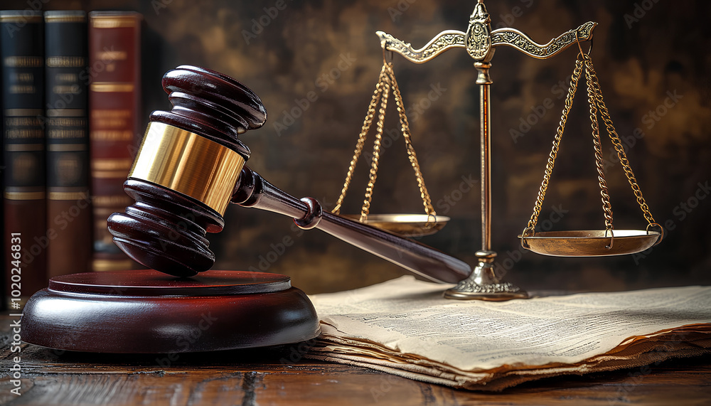Law and justice, featuring symbols like a gavel, scales of justice, and legal documents symbolizing legal proceedings, fairness, and authority.
Law and justice, featuring symbols like a gavel, scales of justice, and legal documents symbolizing legal proceedings, fairness, and authority.