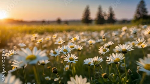 A tranquil sunset scene showcasing blooming daisies in a lush field, capturing serene natural beauty with vibrant colors photo