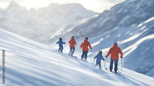 Family Skiing in Snowy Mountains