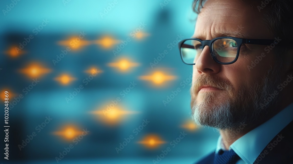 Thoughtful man in glasses with blurred lights in background, looking into distance. Thoughtful man in glasses with blurred lights in background, looking into distance.