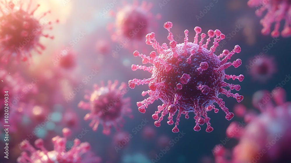 A microscopic view of a cluster of pink viruses, highlighting the structure and complexity of these pathogens. A microscopic view of a cluster of pink viruses, highlighting the structure and complexity of these pathogens.