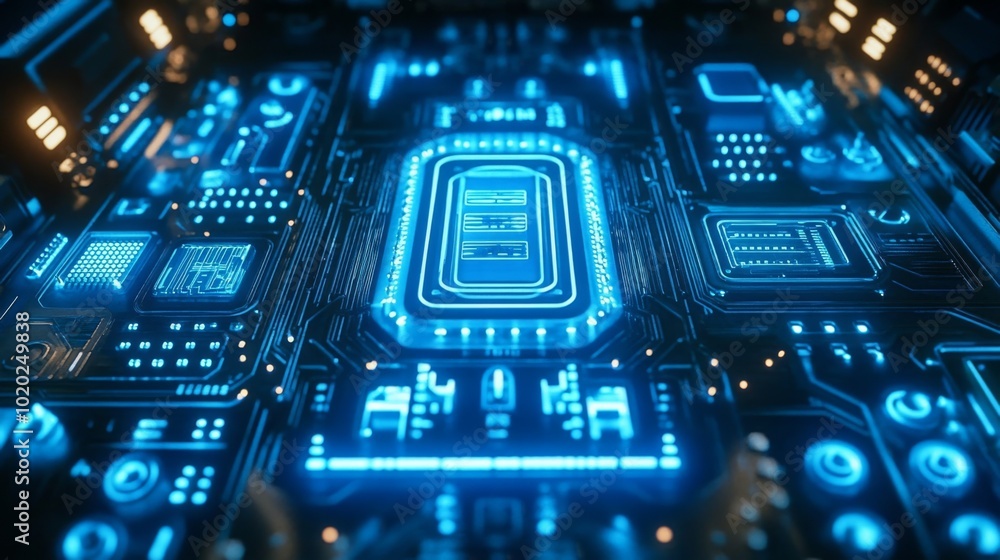 Fototapeta premium Futuristic Circuit Board with Glowing Blue Lines and Components
