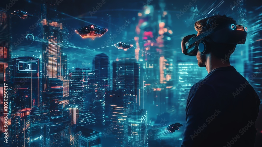Man Exploring Futuristic City in Virtual Reality Man Exploring Futuristic City in Virtual Reality