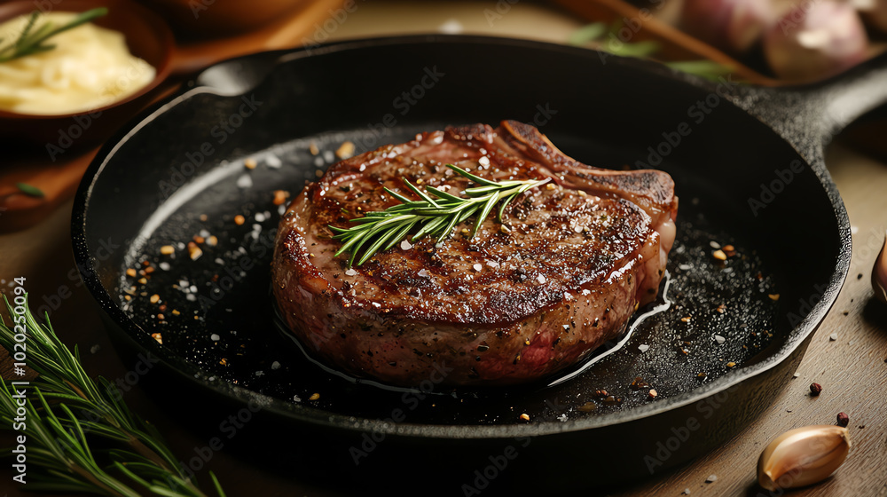 A perfectly cooked steak garnished with rosemary, resting in a hot cast iron skillet, showcasing rich textures and mouth-watering flavors under warm lighting. A perfectly cooked steak garnished with rosemary, resting in a hot cast iron skillet, showcasing rich textures and mouth-watering flavors under warm lighting.